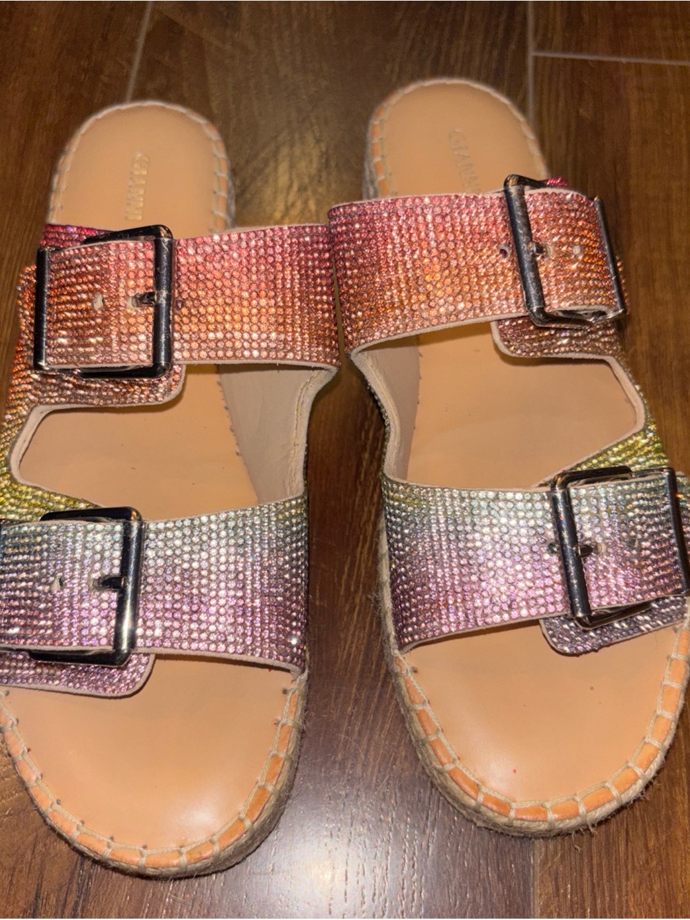 GIANNI BINI RHINESTONE RAINBOW BUCKLE SLIP ON SANDALS SIZE 8M